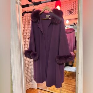 Purple cashmere Cape with real fox Fur Trim
